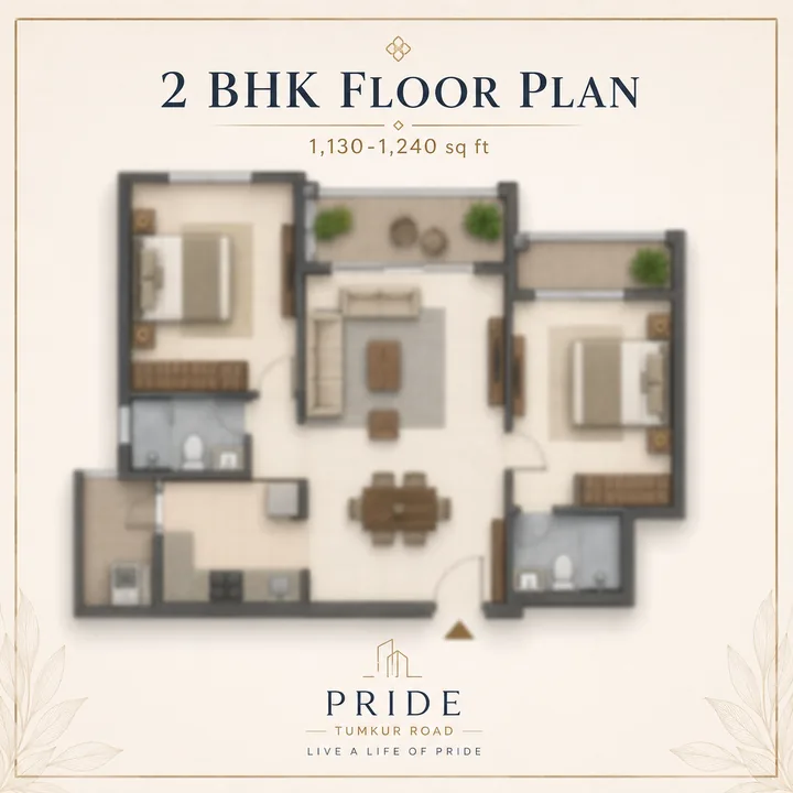 Pride Tumkur Road 2 BHK apartment floor plan, indicative 1,130 to 1,240 sq ft Pride Tumkur Road 2 BHK apartment floor plan, indicative 1,130 to 1,240 sq ft